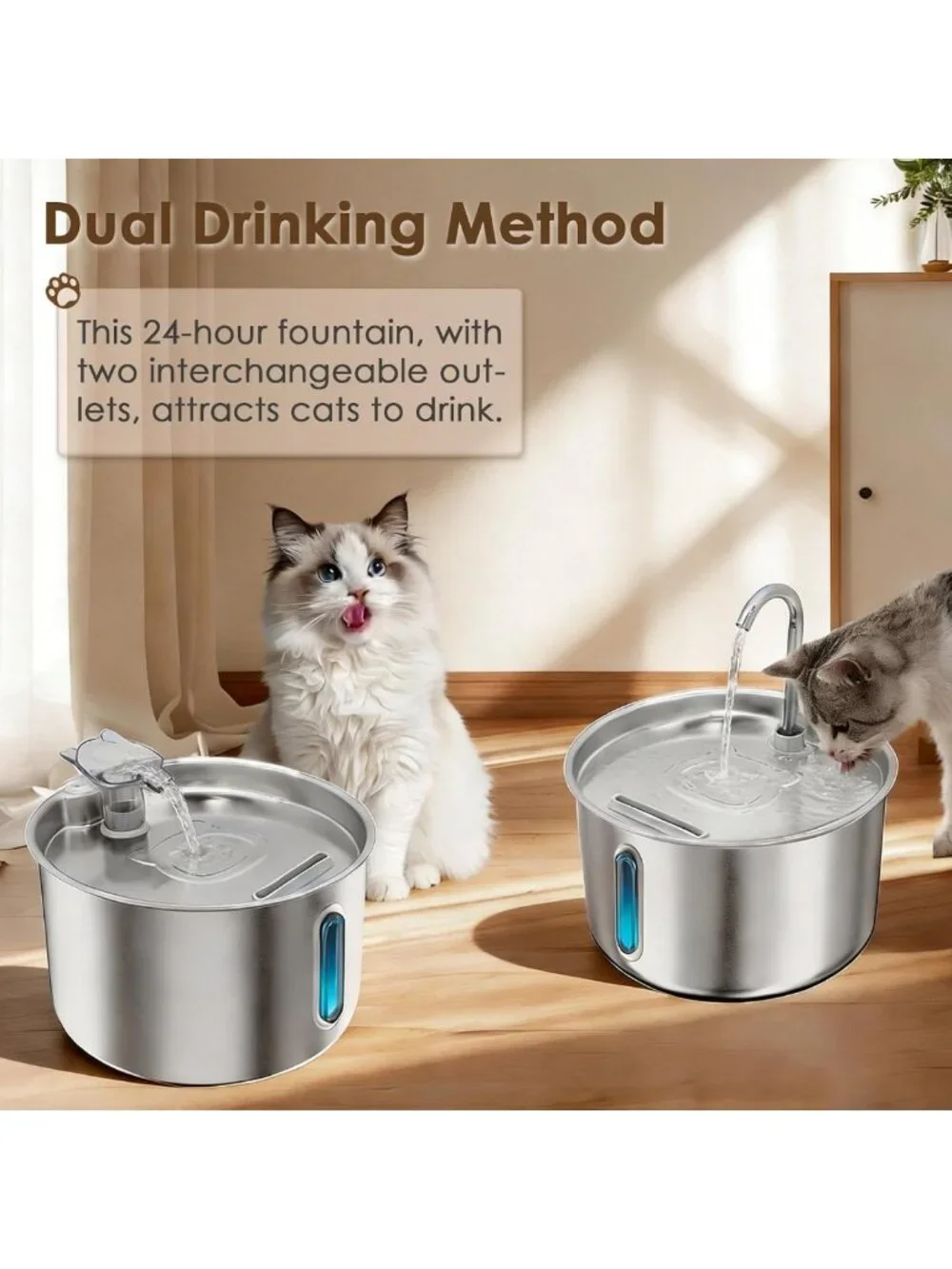 Automatic Stainless Steel Cat Water Fountain 74oz - Quiet Pet Dispenser with